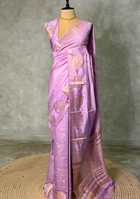 Lilac Pink Soft Semi Tusser Silk Tussar Saree With Traditional Woven Design For Women