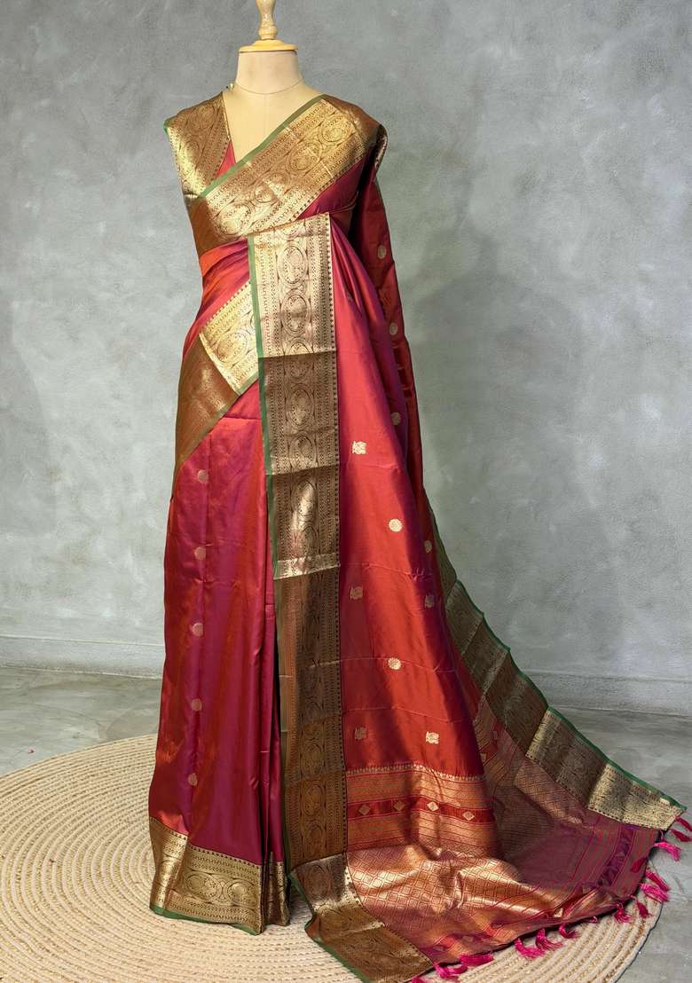 Rust Orange And Green Silk Saree With Traditional Woven Design For Women - Indya