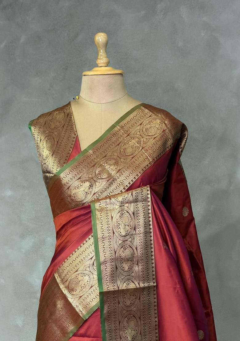 Rust Orange And Green Silk Saree With Traditional Woven Design For Women - Indya