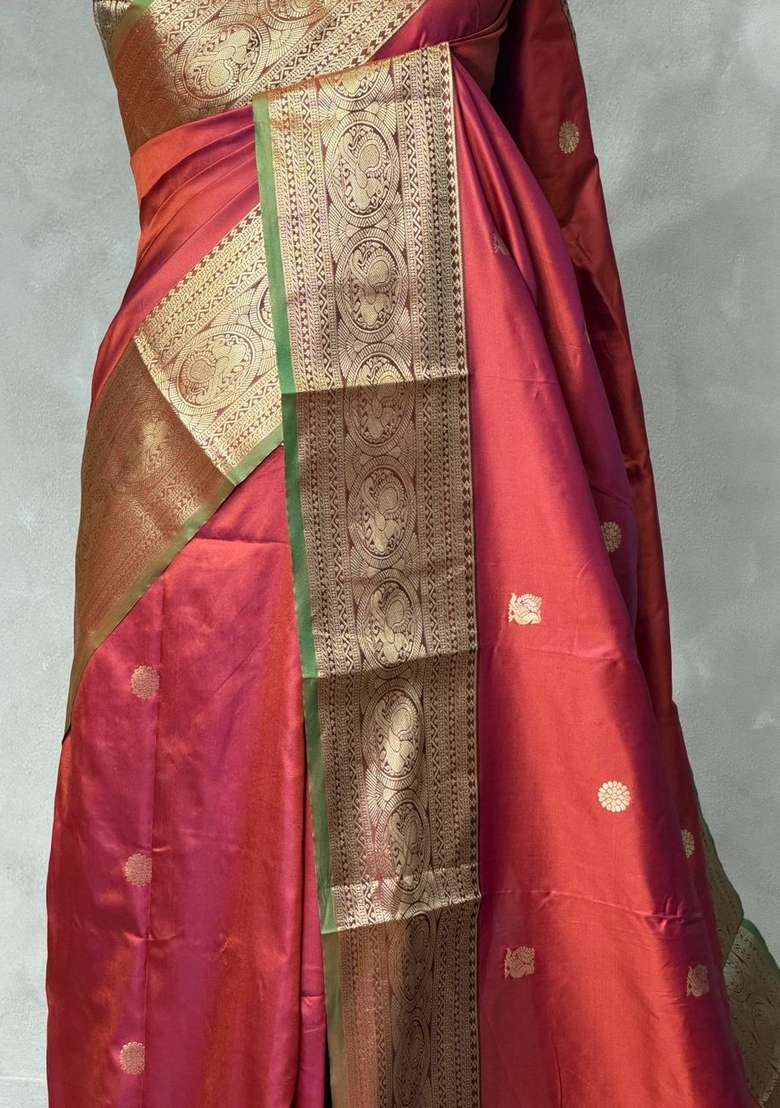 Rust Orange And Green Silk Saree With Traditional Woven Design For Women - Indya