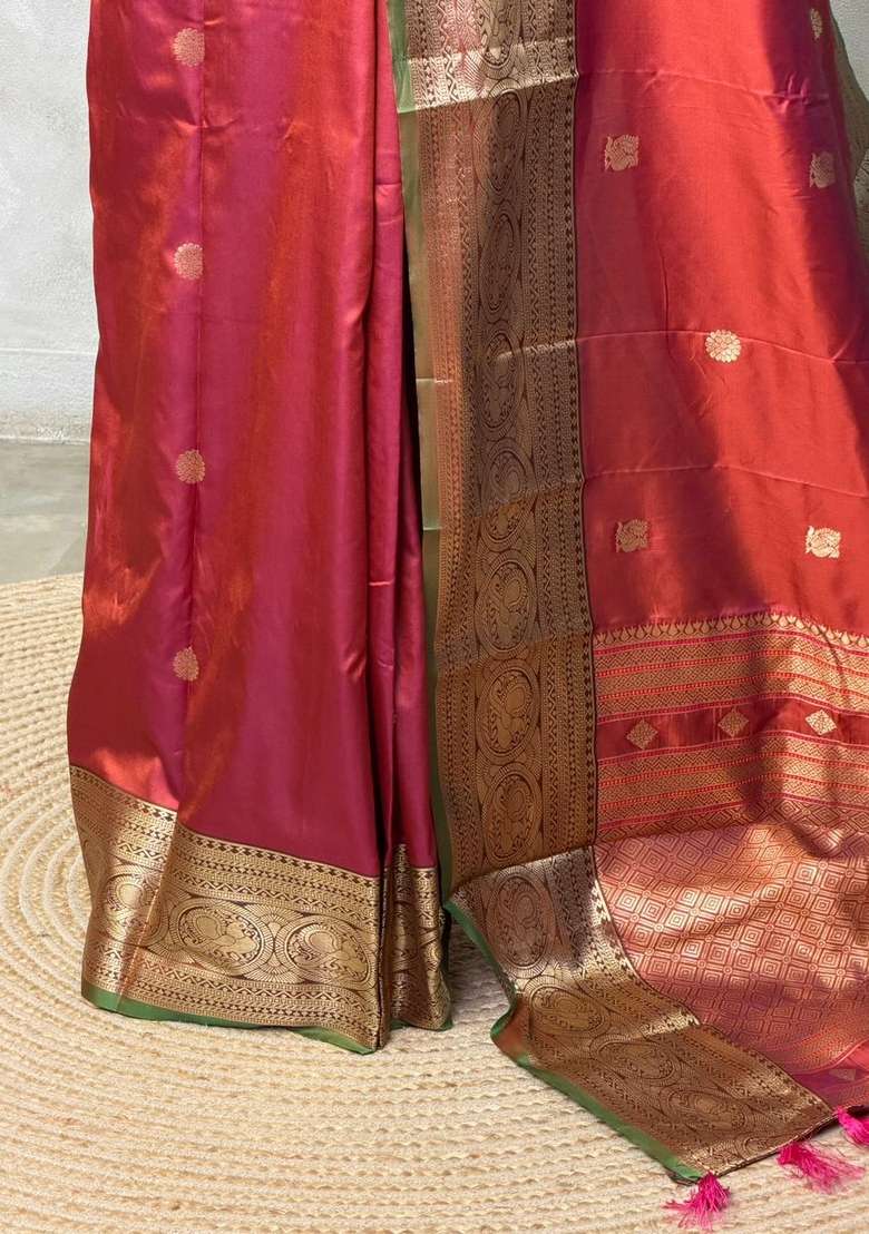 Rust Orange And Green Silk Saree With Traditional Woven Design For Women - Indya