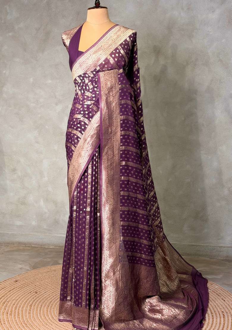 Dark Purple Banarasi Georgette Saree With Traditional Woven Design For Women - Indya