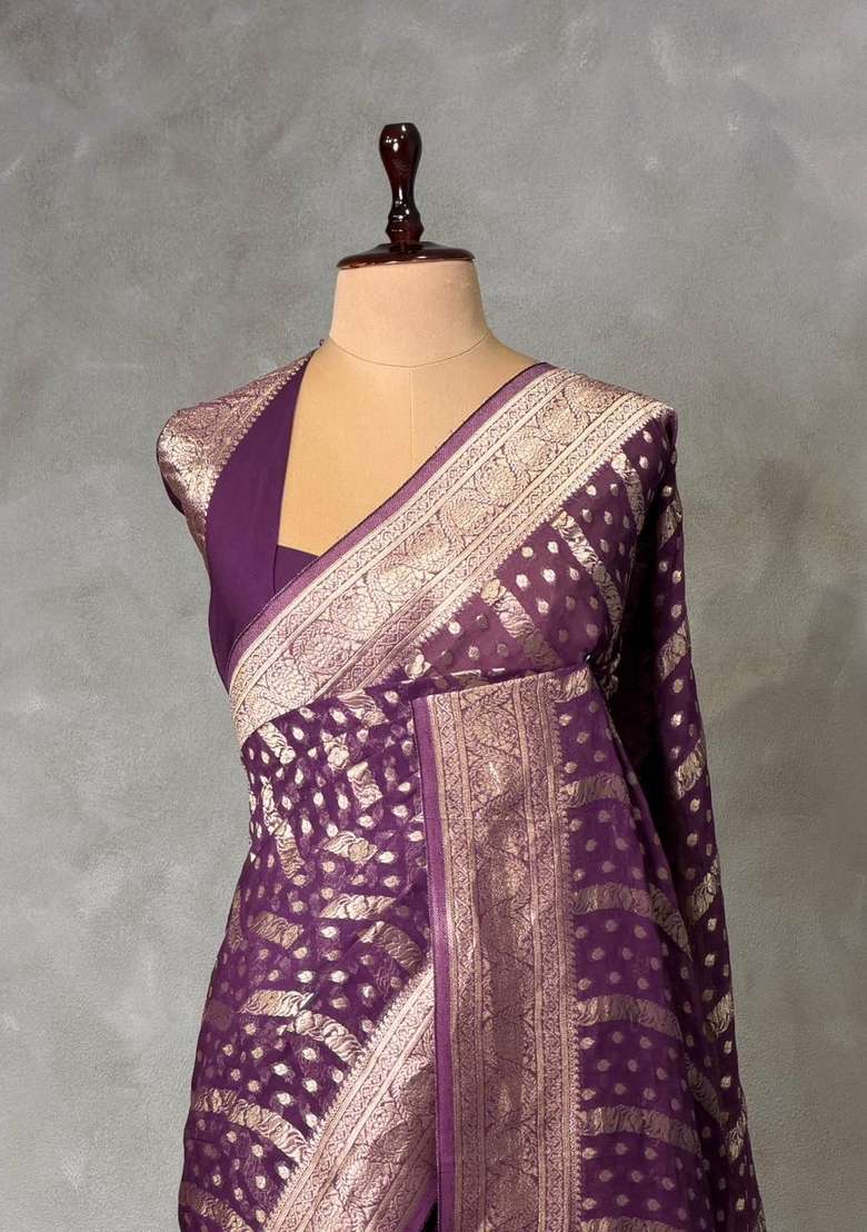 Dark Purple Banarasi Georgette Saree With Traditional Woven Design For Women - Indya