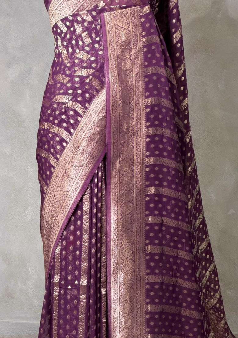 Dark Purple Banarasi Georgette Saree With Traditional Woven Design For Women - Indya