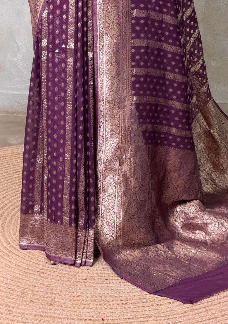 Dark Purple Banarasi Georgette Saree With Traditional Woven Design For Women - Indya