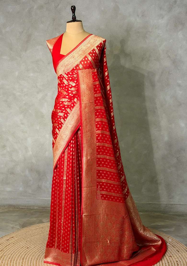 Red Banarasi Georgette Saree With Traditional Woven Design For Women - Indya