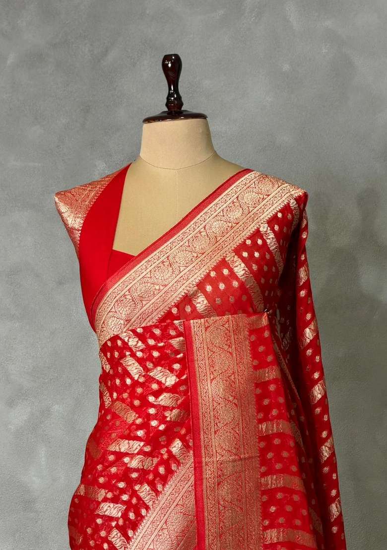 Red Banarasi Georgette Saree With Traditional Woven Design For Women - Indya