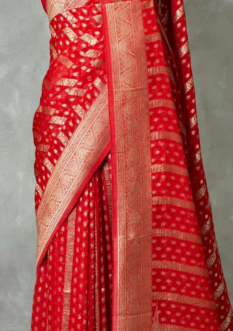 Red Banarasi Georgette Saree With Traditional Woven Design For Women - Indya
