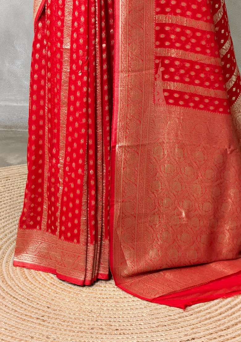 Red Banarasi Georgette Saree With Traditional Woven Design For Women - Indya