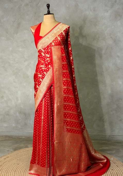 Red Banarasi Georgette Saree With Traditional Woven Design For Women