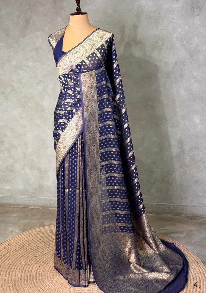 Navy Blue Banarasi Georgette Saree With Traditional Woven Design For Women - Indya