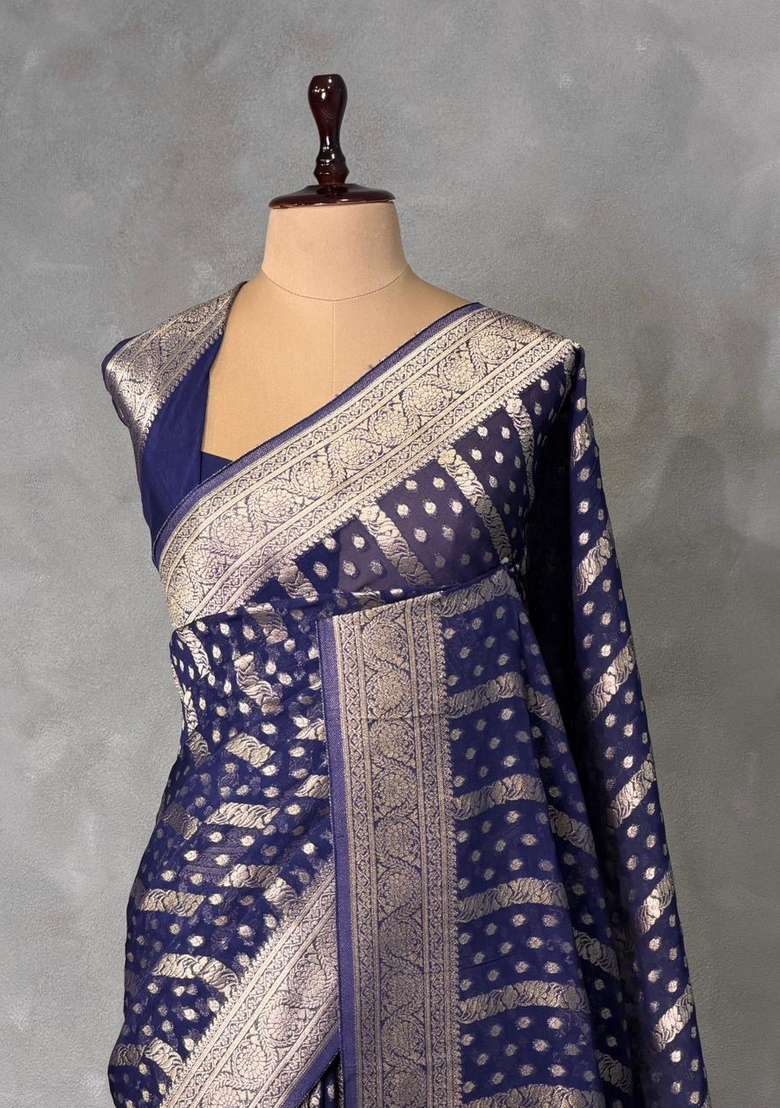 Navy Blue Banarasi Georgette Saree With Traditional Woven Design For Women - Indya