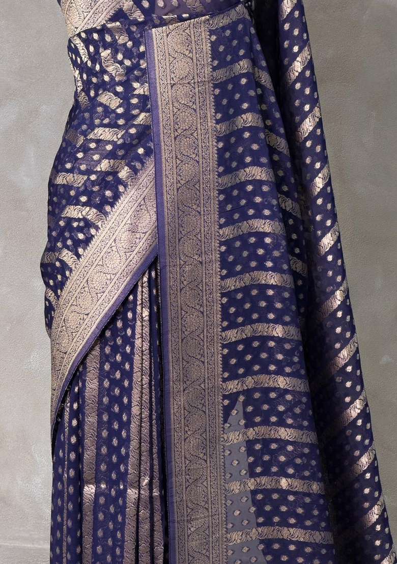 Navy Blue Banarasi Georgette Saree With Traditional Woven Design For Women - Indya