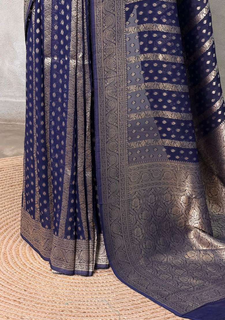 Navy Blue Banarasi Georgette Saree With Traditional Woven Design For Women - Indya