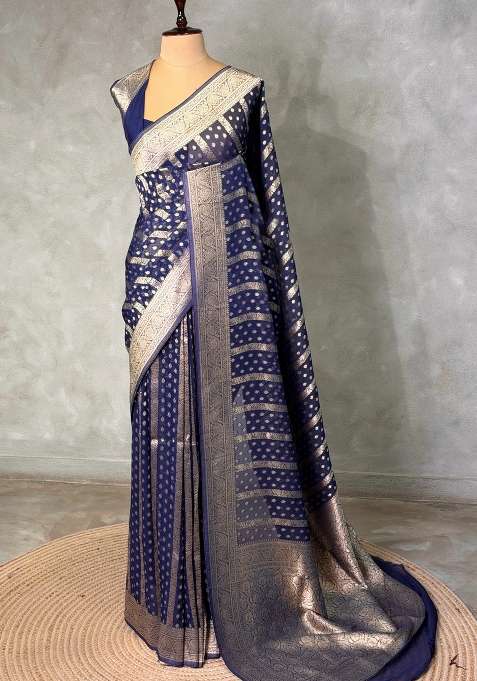 Navy Blue Banarasi Georgette Saree With Traditional Woven Design For Women