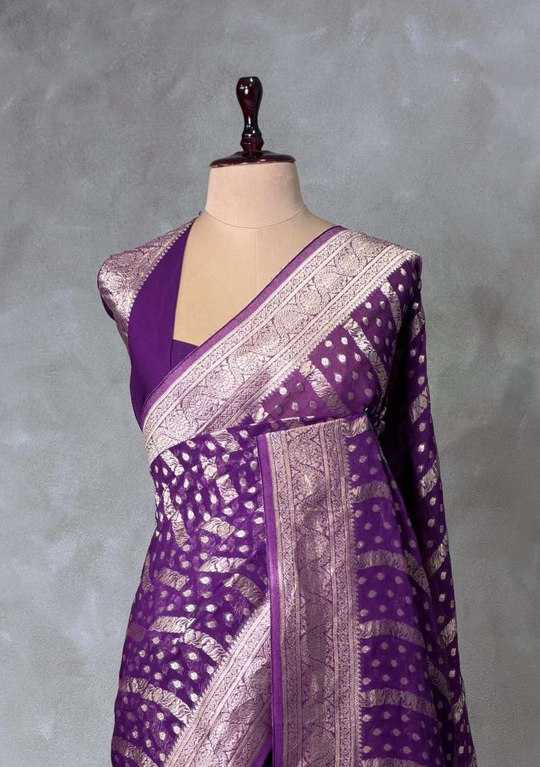Violet Banarasi Georgette Saree With Traditional Woven Design For Women - Indya