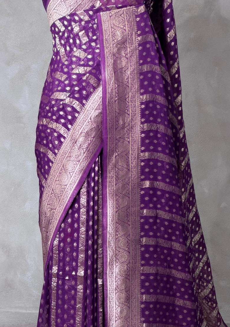 Violet Banarasi Georgette Saree With Traditional Woven Design For Women - Indya