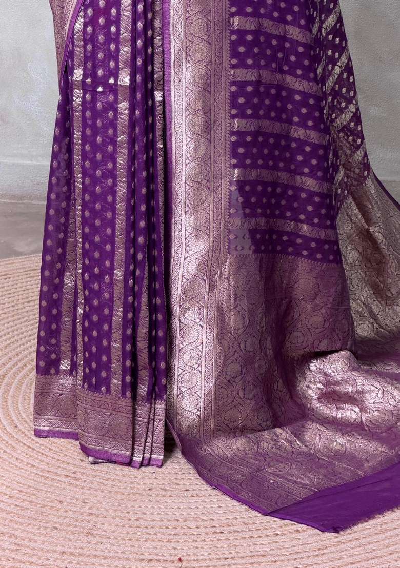 Violet Banarasi Georgette Saree With Traditional Woven Design For Women - Indya