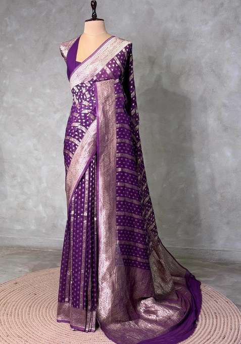 Violet Banarasi Georgette Saree With Traditional Woven Design For Women
