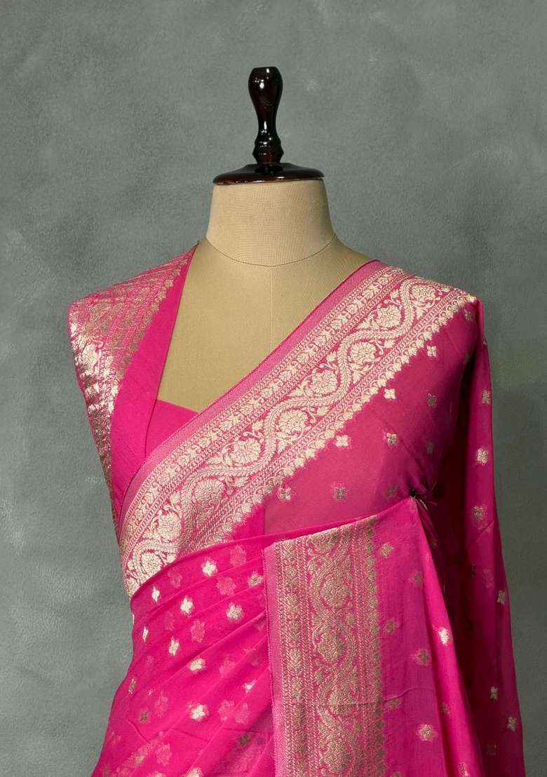 Dark Pink Banarasi Georgette Saree With Traditional Woven Design For Women - Indya