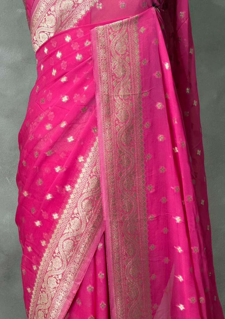 Dark Pink Banarasi Georgette Saree With Traditional Woven Design For Women - Indya