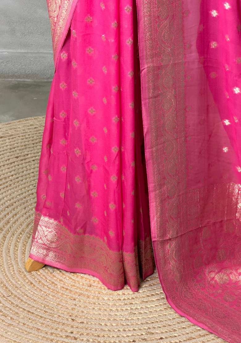 Dark Pink Banarasi Georgette Saree With Traditional Woven Design For Women - Indya