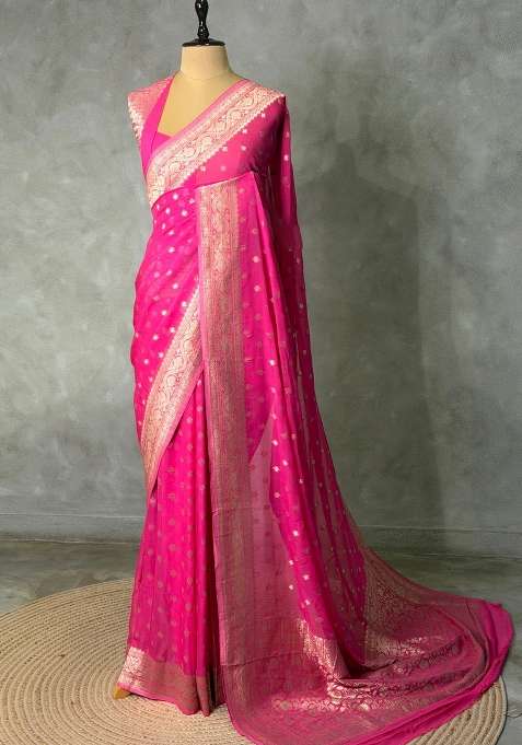 Dark Pink Banarasi Georgette Saree With Traditional Woven Design For Women