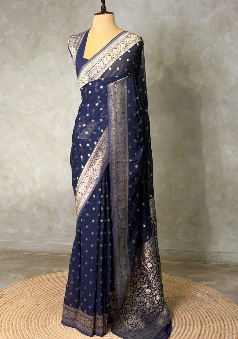 Navy Blue Banarasi Georgette Saree With Traditional Woven Design For Women - Indya