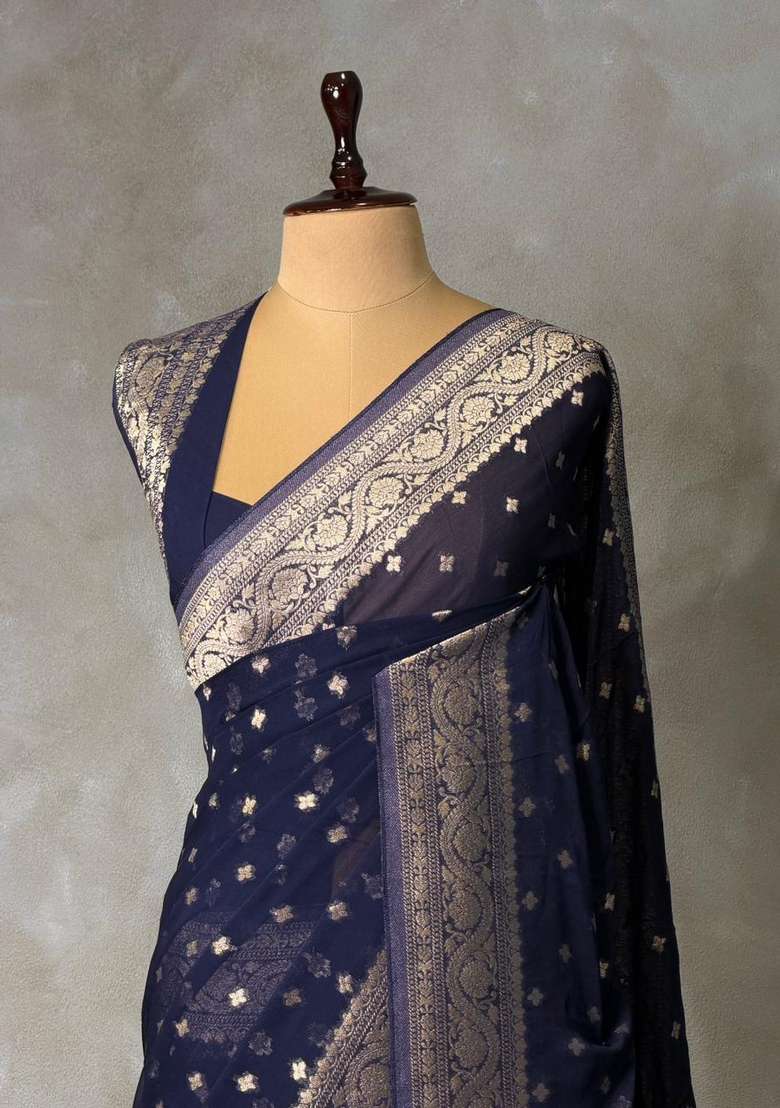 Navy Blue Banarasi Georgette Saree With Traditional Woven Design For Women - Indya