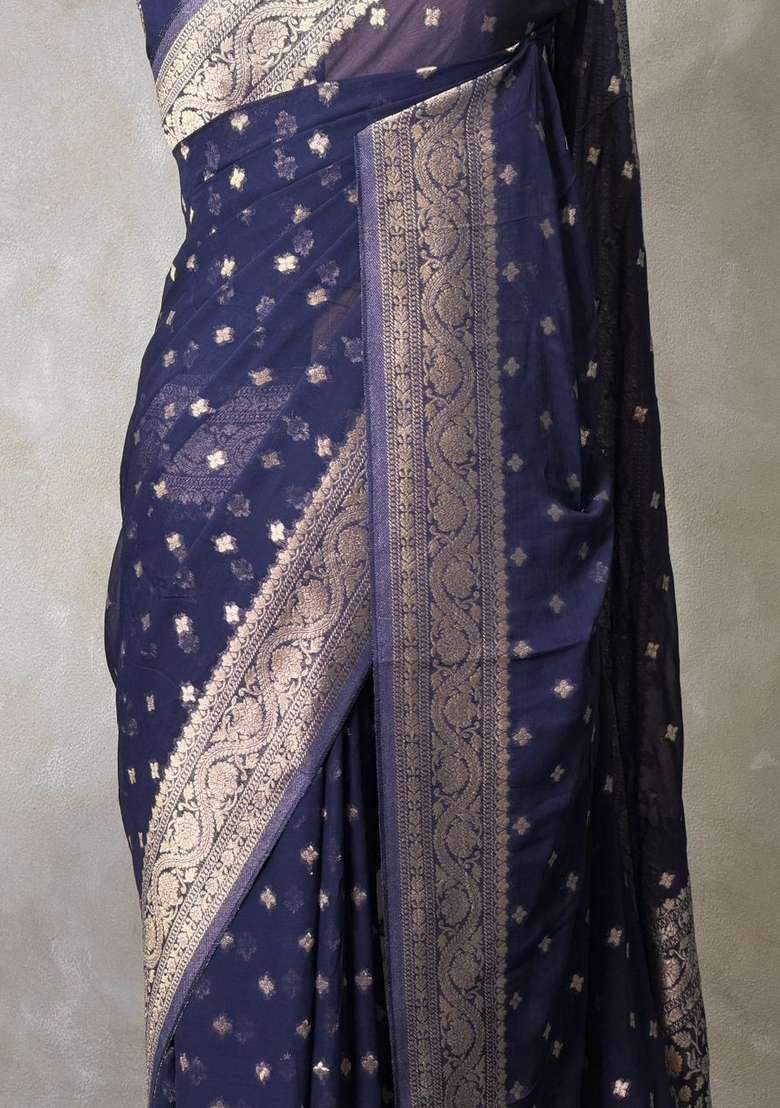 Navy Blue Banarasi Georgette Saree With Traditional Woven Design For Women - Indya