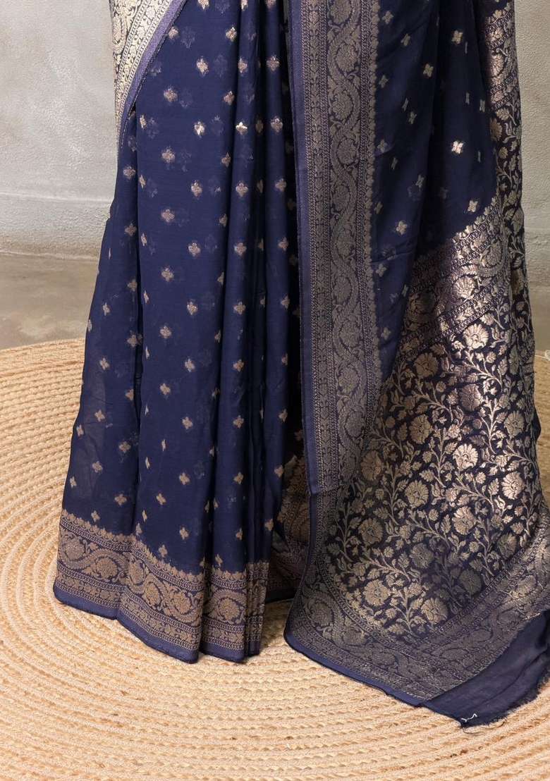 Navy Blue Banarasi Georgette Saree With Traditional Woven Design For Women - Indya