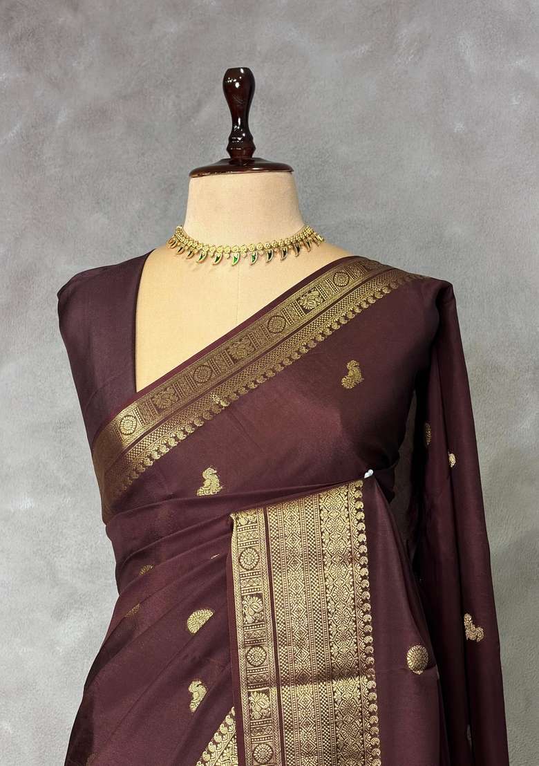 Brown Pure Viscose Silk Saree With Traditional Woven Design For Women - Indya