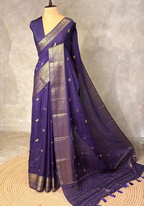 Bluish Violet Pure Viscose Silk Saree With Traditional Woven Design For Women