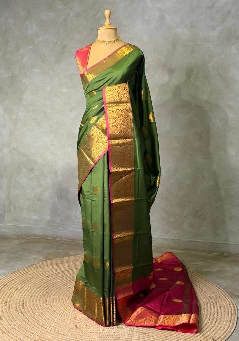Olive Green And Magenta Semi Kanchipuram Soft Silk Saree With Traditional Woven Design For Women