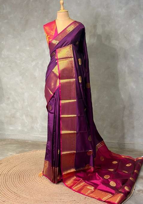 Deep Wine And Magenta Semi Kanchipuram Soft Silk Saree With Traditional Woven Design For Women