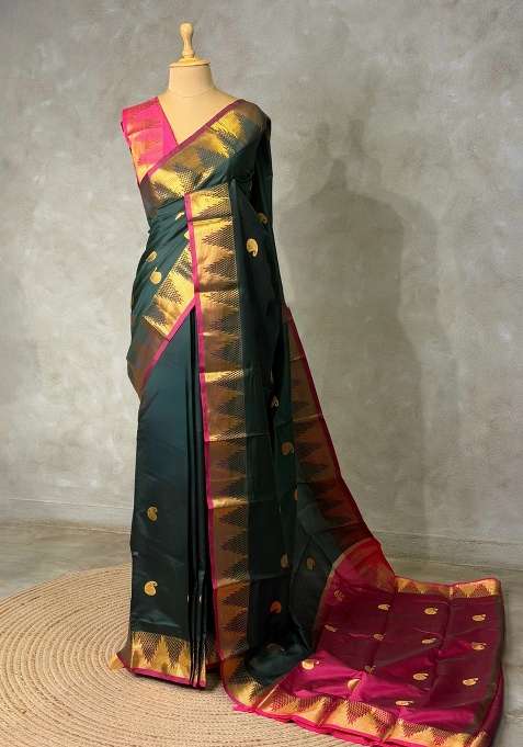 Dark Green And Magenta Semi Kanchipuram Soft Silk Saree With Traditional Woven Design For Women