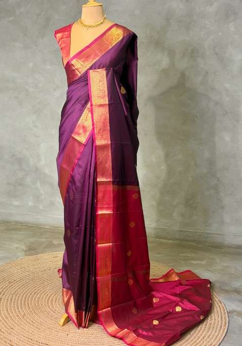 Wine And Magenta Semi Kanchipuram Soft Silk Saree With Traditional Woven Design For Women