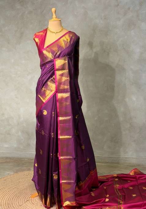 Wine And Magenta Semi Kanchipuram Soft Silk Saree With Traditional Woven Design For Women