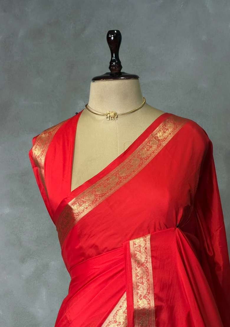 Red Semi Mysore Crepe Silk Saree With Traditional Woven Design For Women - Indya