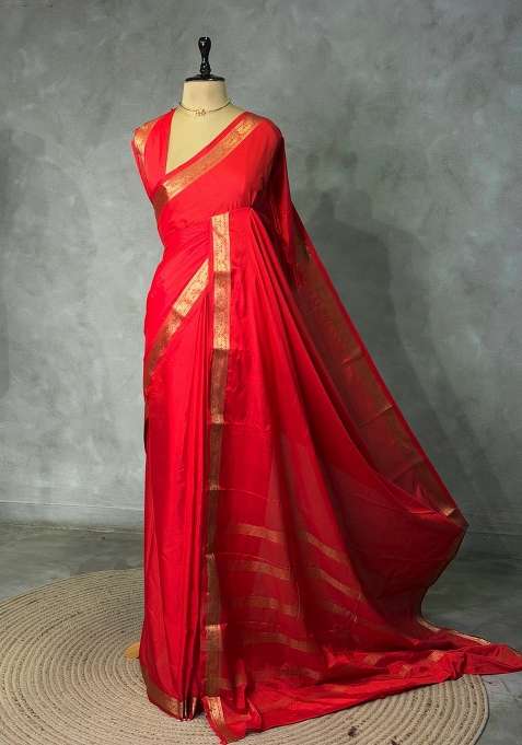 Red Semi Mysore Crepe Silk Saree With Traditional Woven Design For Women