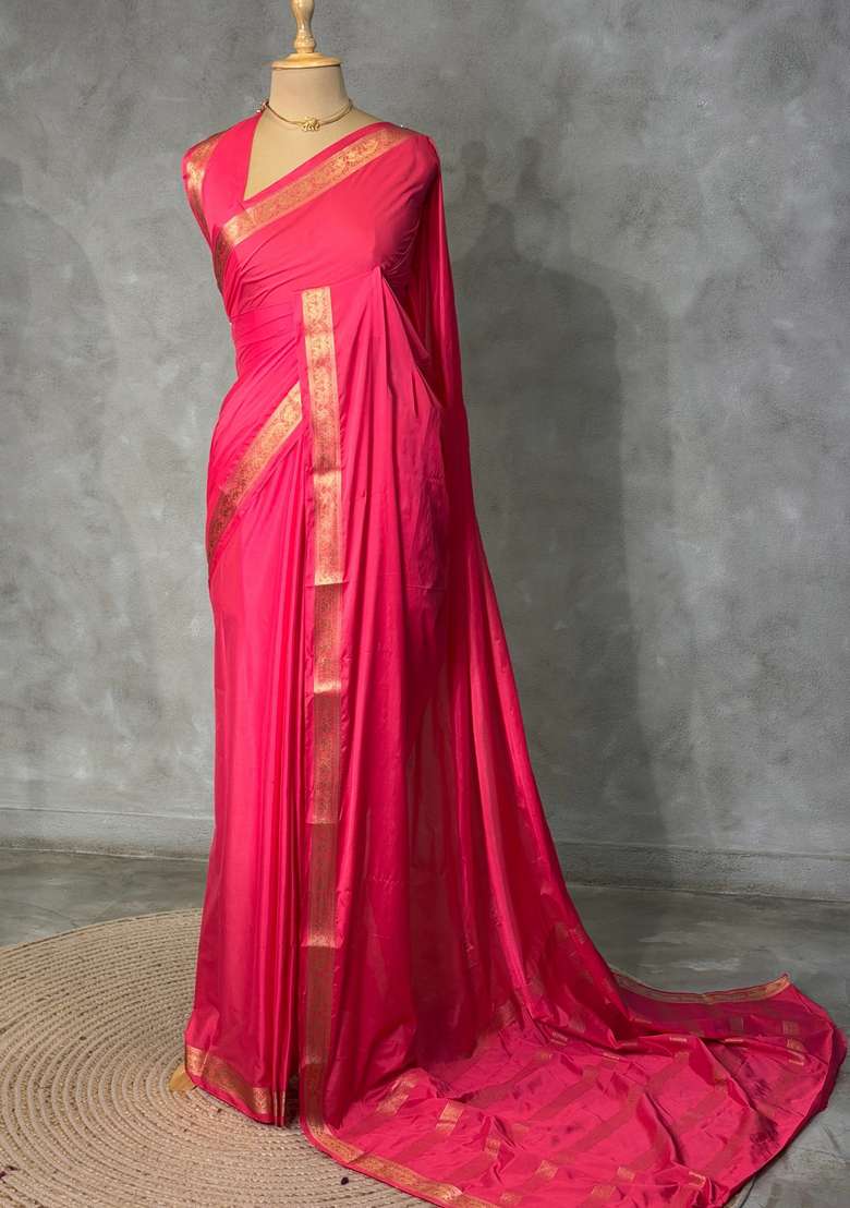 Dark Peach Semi Mysore Crepe Silk Saree With Traditional Woven Design For Women - Indya