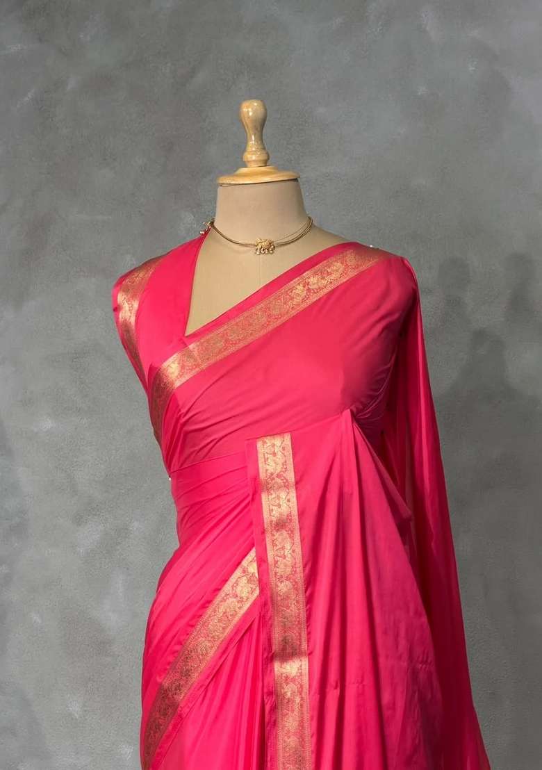 Dark Peach Semi Mysore Crepe Silk Saree With Traditional Woven Design For Women - Indya