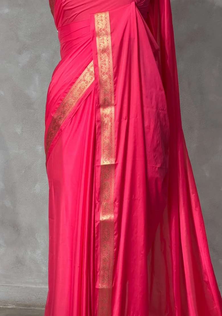 Dark Peach Semi Mysore Crepe Silk Saree With Traditional Woven Design For Women - Indya