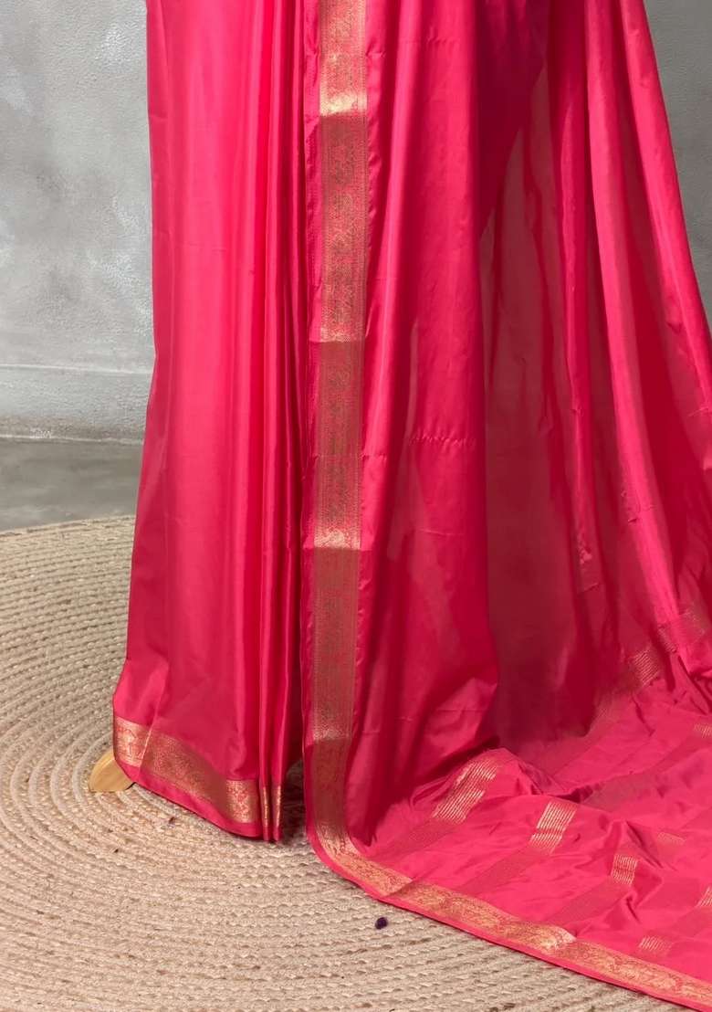 Dark Peach Semi Mysore Crepe Silk Saree With Traditional Woven Design For Women - Indya