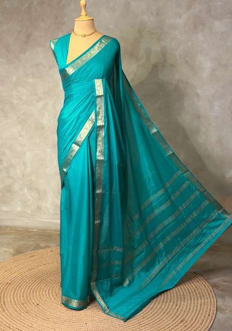 Aqua Blue Semi Mysore Crepe Silk Saree With Traditional Woven Design For Women