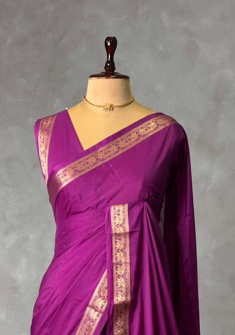Purple Semi Mysore Crepe Silk Saree With Traditional Woven Design For Women - Indya