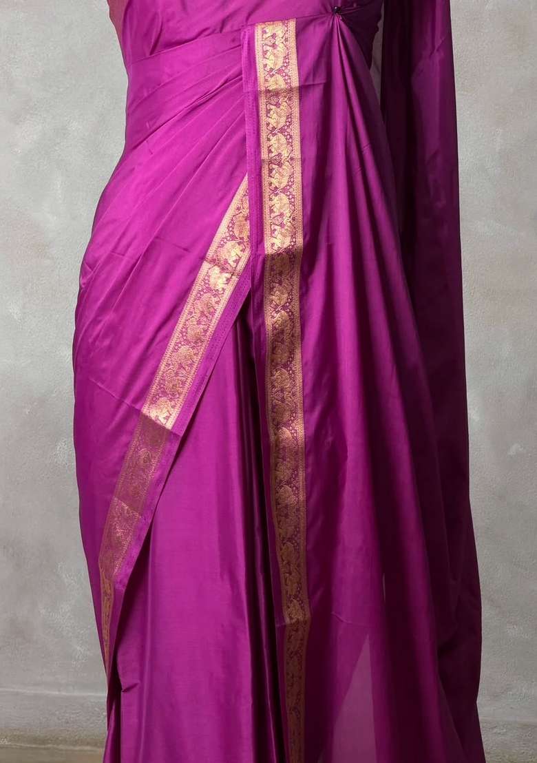 Purple Semi Mysore Crepe Silk Saree With Traditional Woven Design For Women - Indya
