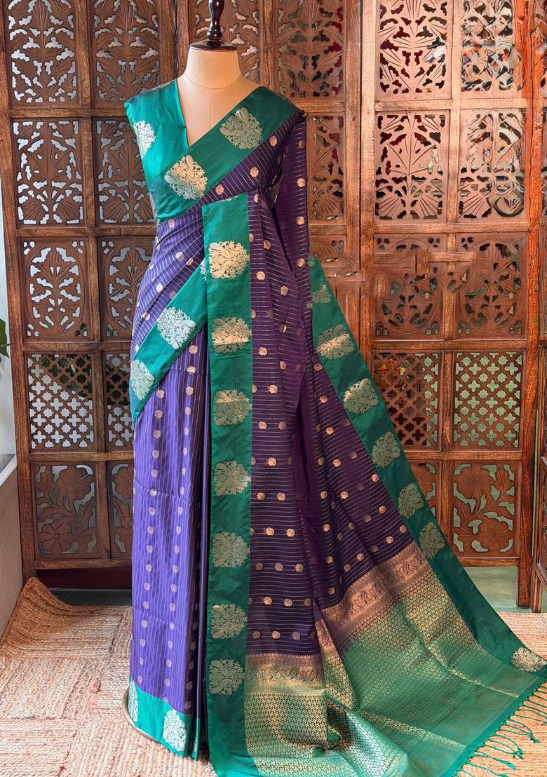 Blue And Green Pure Soft Silk Saree With Traditional Woven Design For Women - Indya