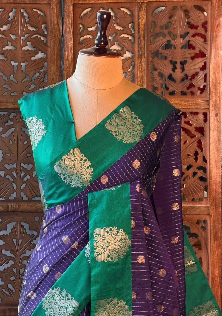Blue And Green Pure Soft Silk Saree With Traditional Woven Design For Women - Indya