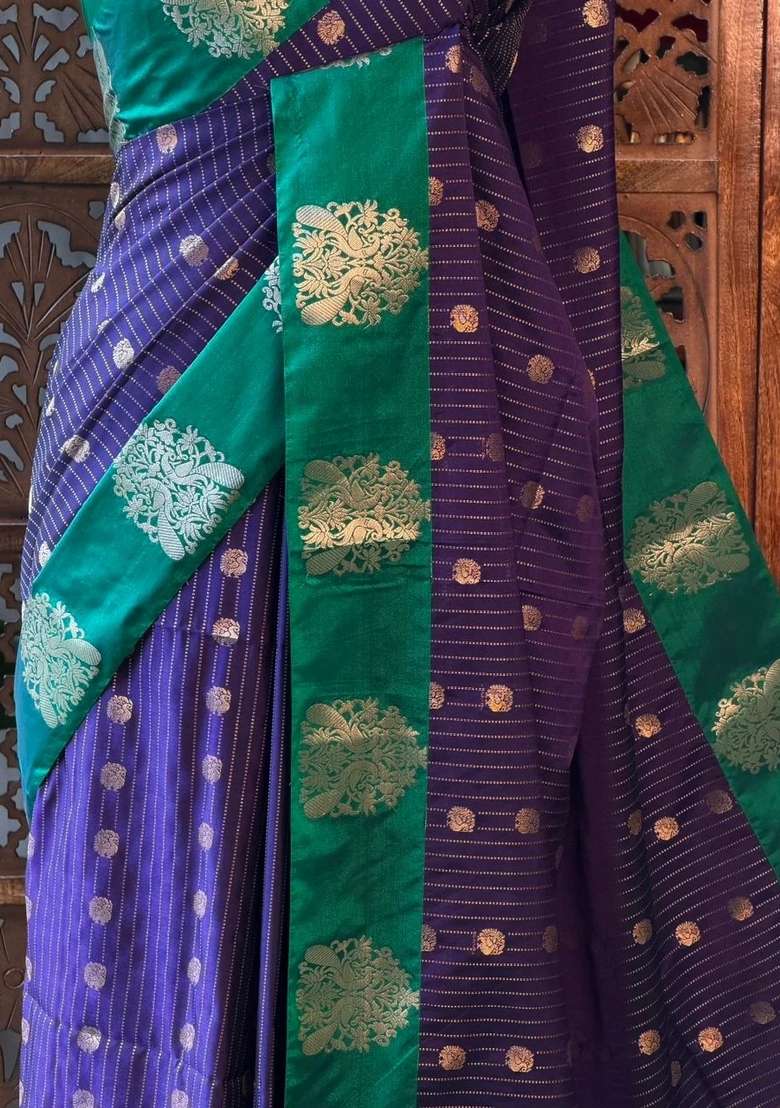 Blue And Green Pure Soft Silk Saree With Traditional Woven Design For Women - Indya